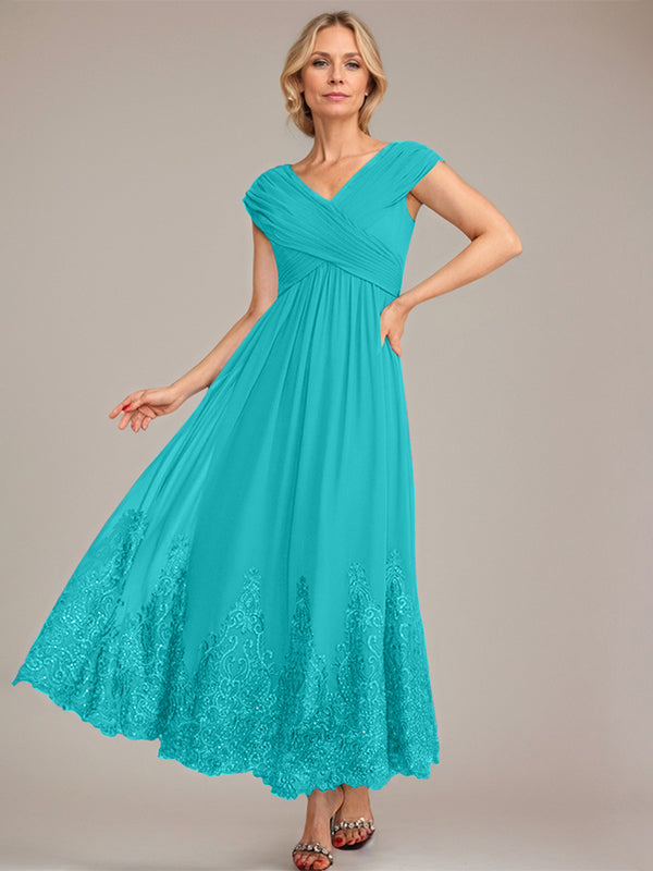 A-Line V-Neck Chiffon Mother of the Bride Dress with Appliqué and Sequins, Ankle-Length