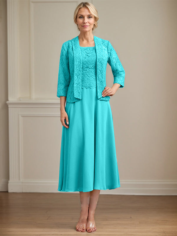A-Line Scoop Neck Tea-Length Lace Chiffon Mother of the Bride Dress