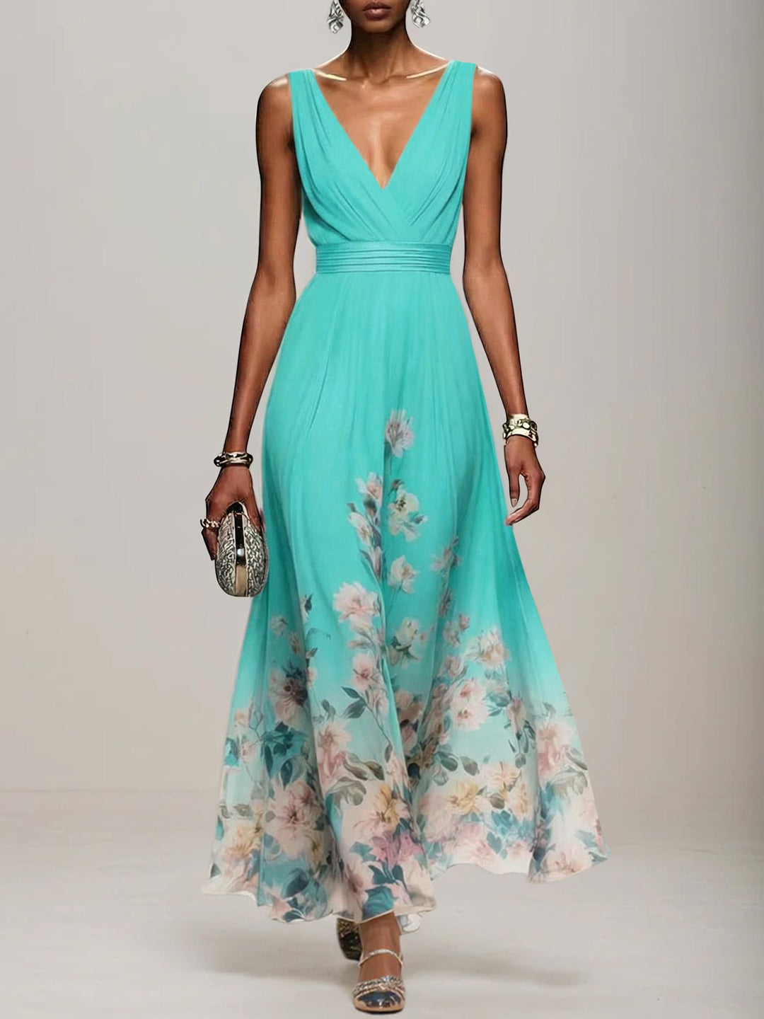Light Blue Floral Chiffon V-Neck Sleeveless A-Line Maxi Dress