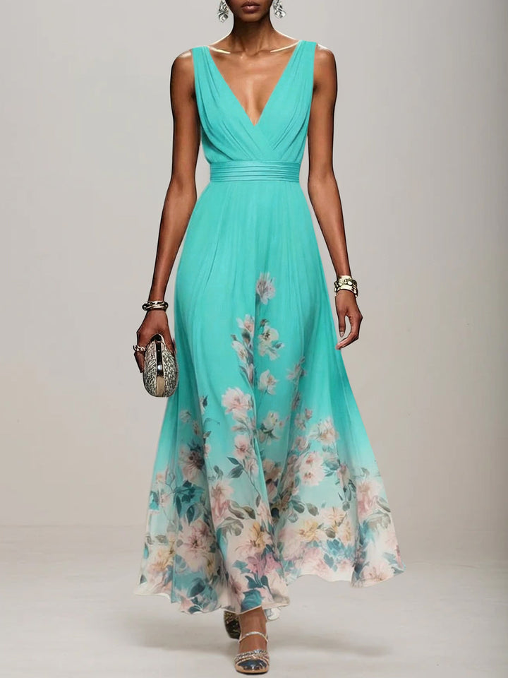 Light Blue Floral Chiffon V-Neck Sleeveless A-Line Maxi Dress