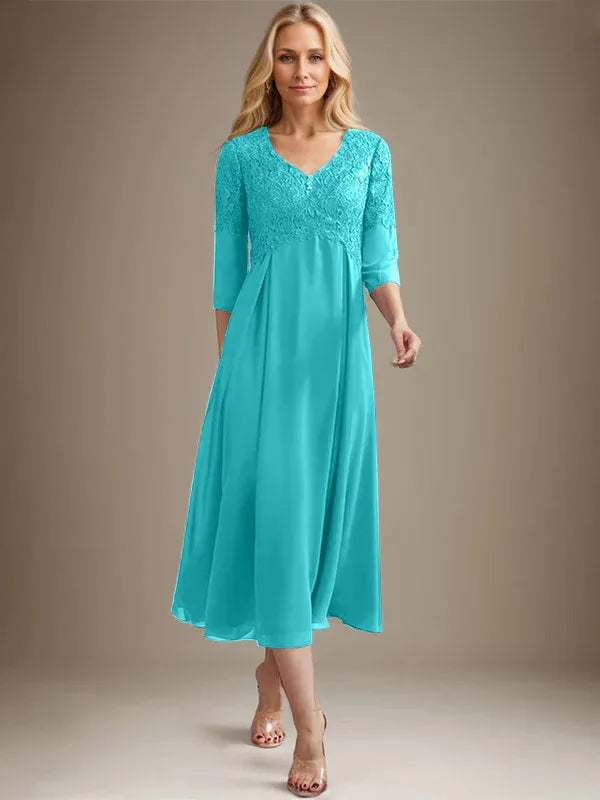 A-Line V-Neck Tea-Length Chiffon Lace Mother of the Bride Dress with Beading