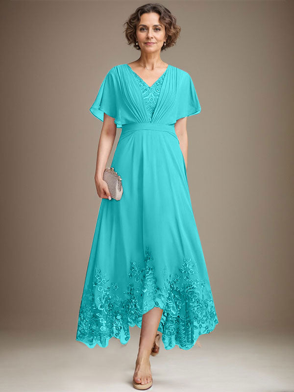 A-Line V-Neck Asymmetrical Lace Chiffon Mother of the Bride Dress with Pleats