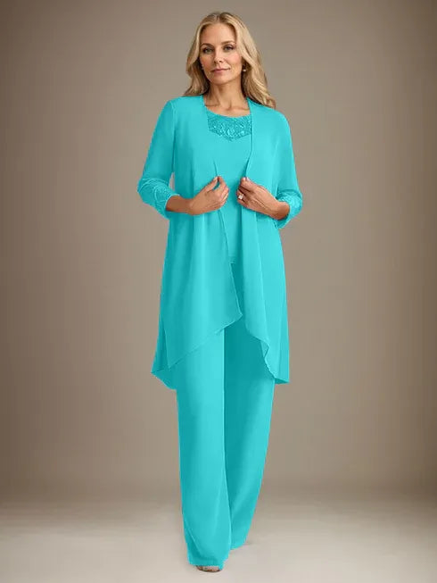 Chiffon Scoop Neck Long Sleeve Mother of the Bride Pantsuit with Jacket