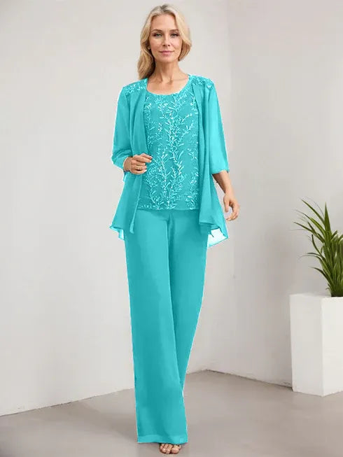 Floor-Length Lace Chiffon Mother of the Bride Jumpsuit/Pantsuit with Scoop Neck and Sequins