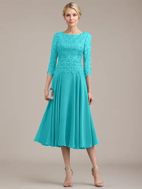 A-Line Scoop Neck Tea-Length Lace Chiffon Mother of the Bride Dress