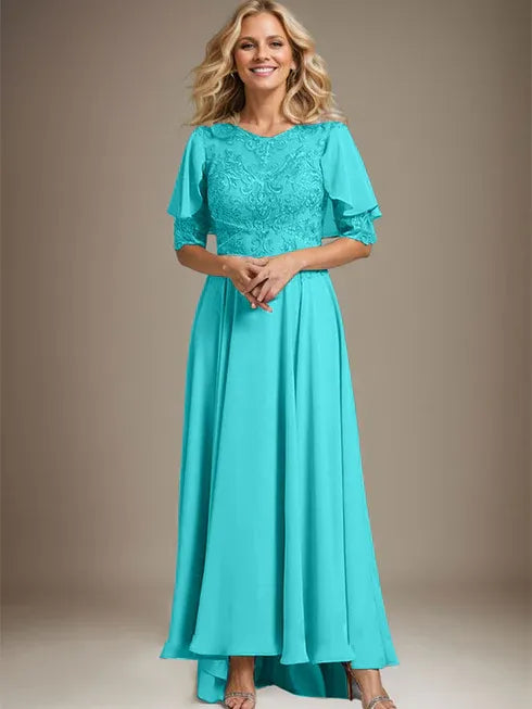 A-Line Scoop Neck Illusion Asymmetrical Chiffon and Lace Mother of the Bride Dress with Beading
