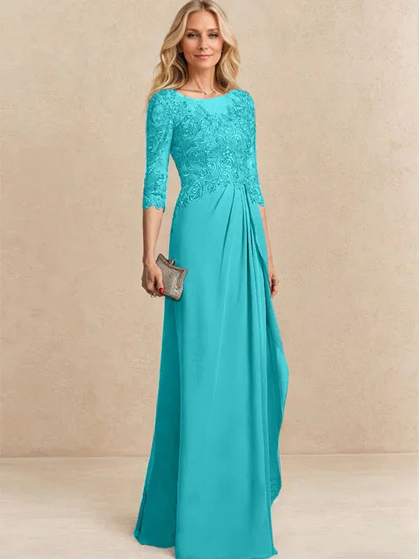 A-Line Scoop Illusion Floor-Length Chiffon and Lace Mother of the Bride Dress with Beading, Sequins, and Cascading Ruffles