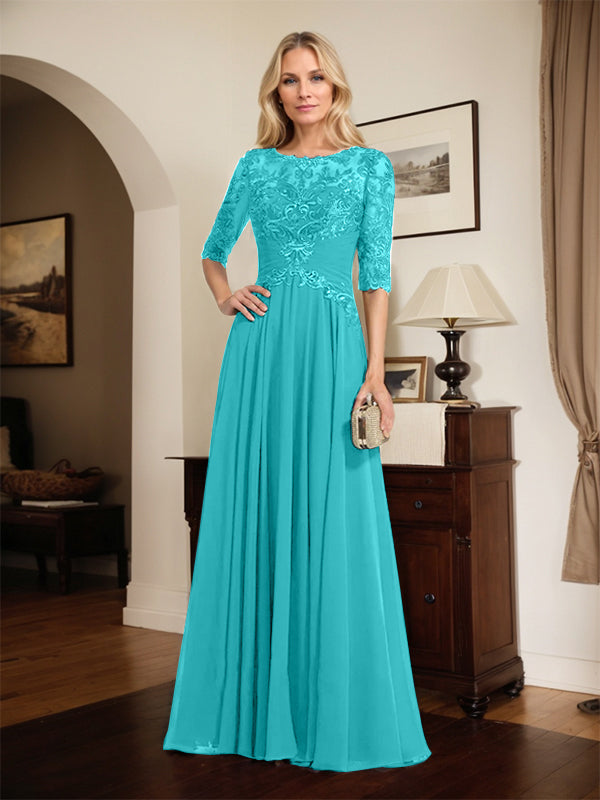 A-Line Scoop Neck Illusion Floor-Length Chiffon and Lace Mother of the Bride Dress with Pleated Sequins