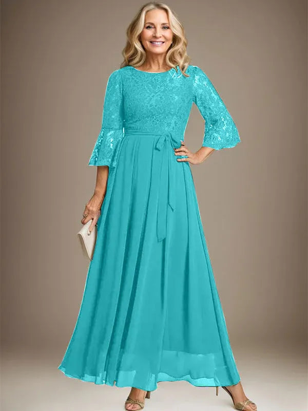 A-Line Scoop Neck Ankle-Length Lace Chiffon Mother of the Bride Dress with Bow
