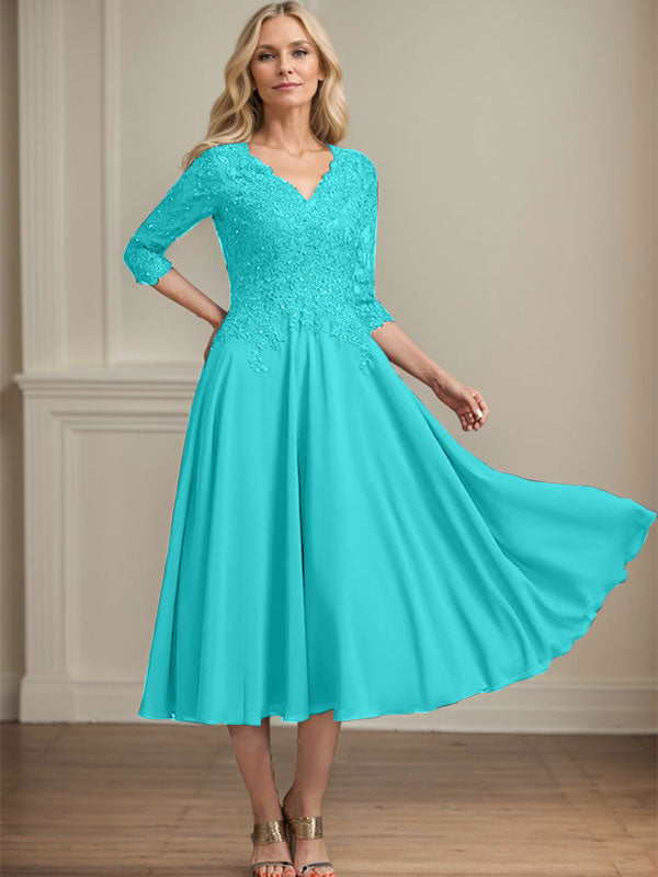 A-Line V-Neck Tea-Length Chiffon and Lace Mother of the Bride Dress with Beading and Sequins
