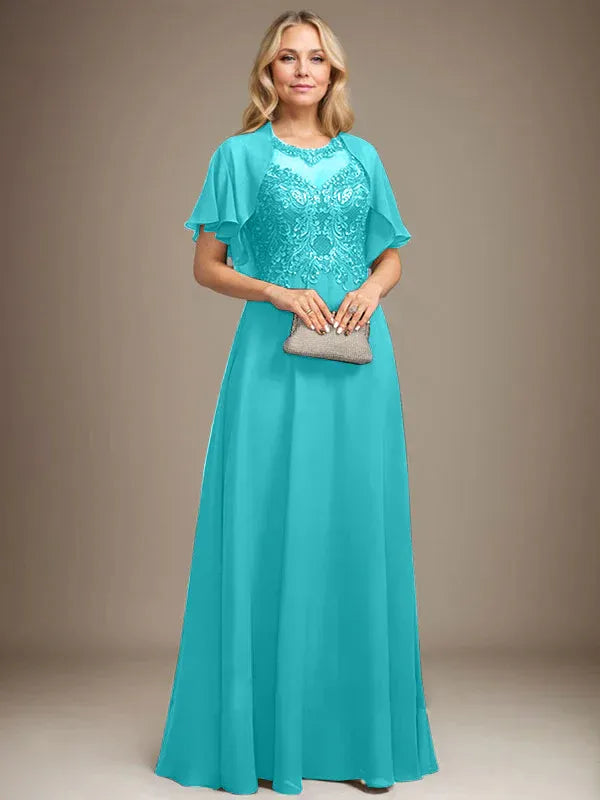 A-Line Scoop Neck Illusion Floor-Length Lace Chiffon Mother of the Bride Dress with Sequins
