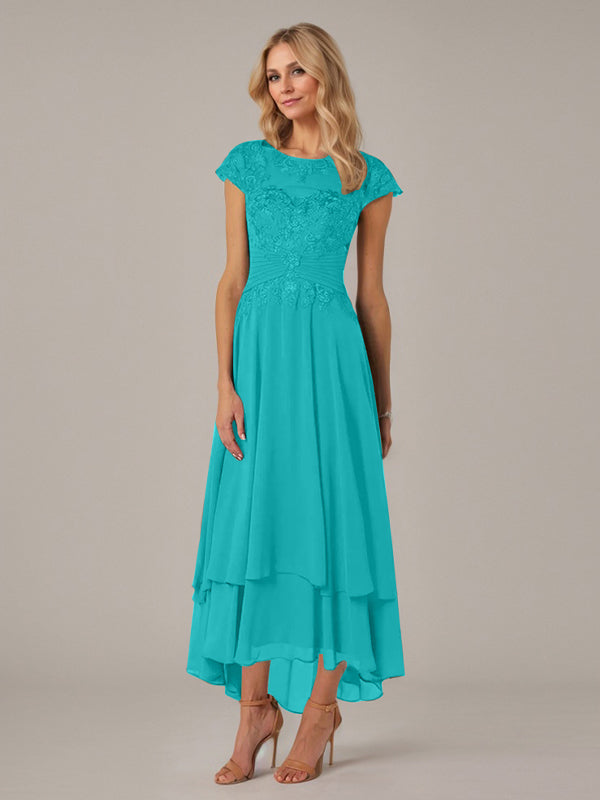 A-Line Boat Neck Illusion Asymmetrical Chiffon Lace Mother of the Bride Dress with Applique and Pleats