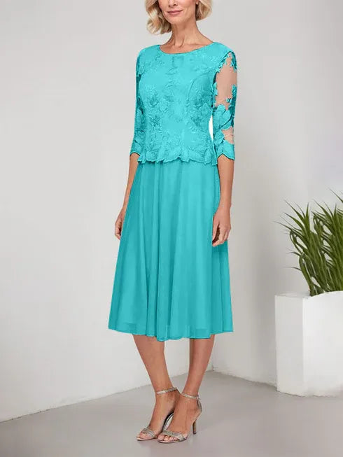 A-Line Scoop Neck Tea-Length Lace Chiffon Mother of the Bride Dress with Embroidery