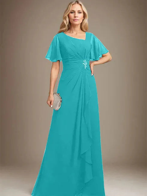 A-Line Asymmetrical Floor-Length Chiffon Mother of the Bride Dress with Pleated Beading and Sequins