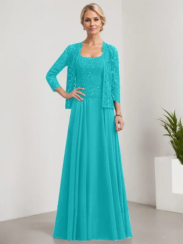 A-Line Square Neck Floor-Length Lace and Chiffon Mother of the Bride Dress with Sequins