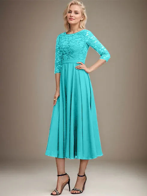 A-Line Scoop Neck Tea-Length Lace Chiffon Mother of the Bride Dress with Sequins