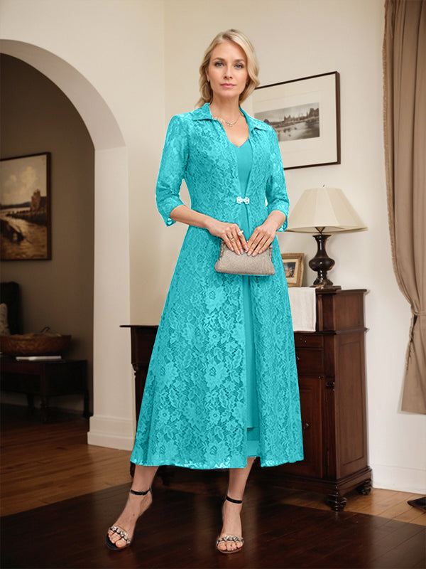 A-Line V-Neck Tea-Length Chiffon Mother of the Bride Dress