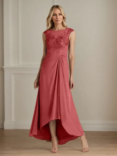 Champagne A-Line Lace and Chiffon Scoop Neck Dress