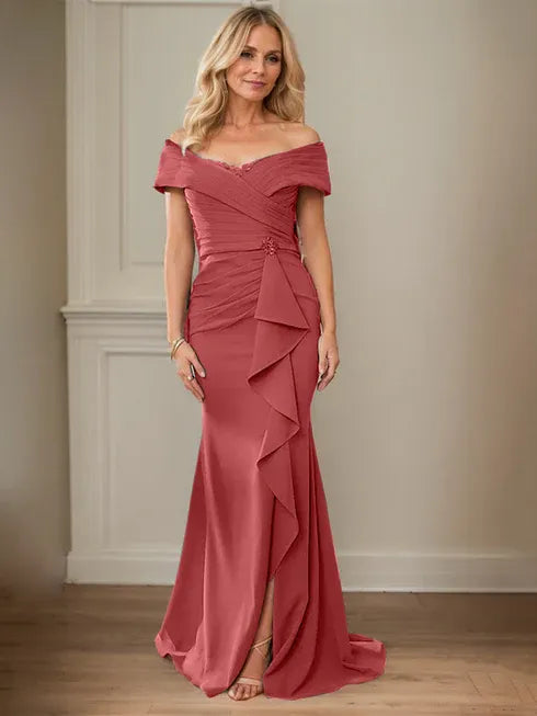 Floor-Length Lace and Chiffon Mother of the Bride Dress with Sheath/Column V-Neck Illusion and Pleated Sequins