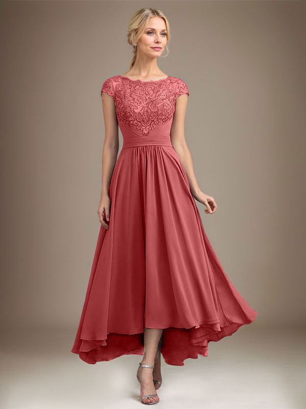 A-Line Scoop Neck Illusion Asymmetrical Lace Chiffon Mother of the Bride Dress with Pleats