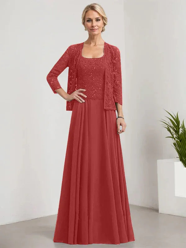 A-Line Square Neck Floor-Length Lace and Chiffon Mother of the Bride Dress with Sequins
