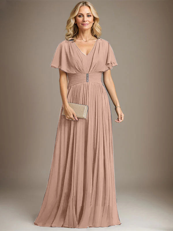 A-Line V-Neck Floor-Length Chiffon Mother of the Bride Dress with Crystal Brooch and Pleated Design