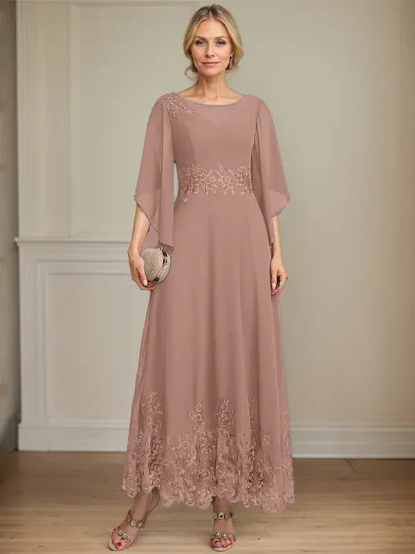 A-Line Scoop Neck Illusion Lace Chiffon Mother of the Bride Dress with Sequins and Ankle-Length Hem