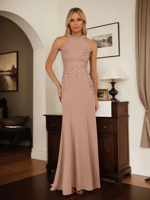 Dusty Blue Sheath Halter Mother of the Bride Dress with Appliqué Details
