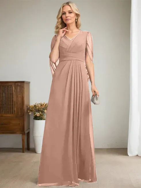 Dark Navy A-Line V-Neck Long Mother of the Bride Dress