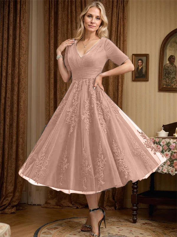 A-Line V-Neck Tea-Length Tulle Lace Mother of the Bride Dress with Pleats
