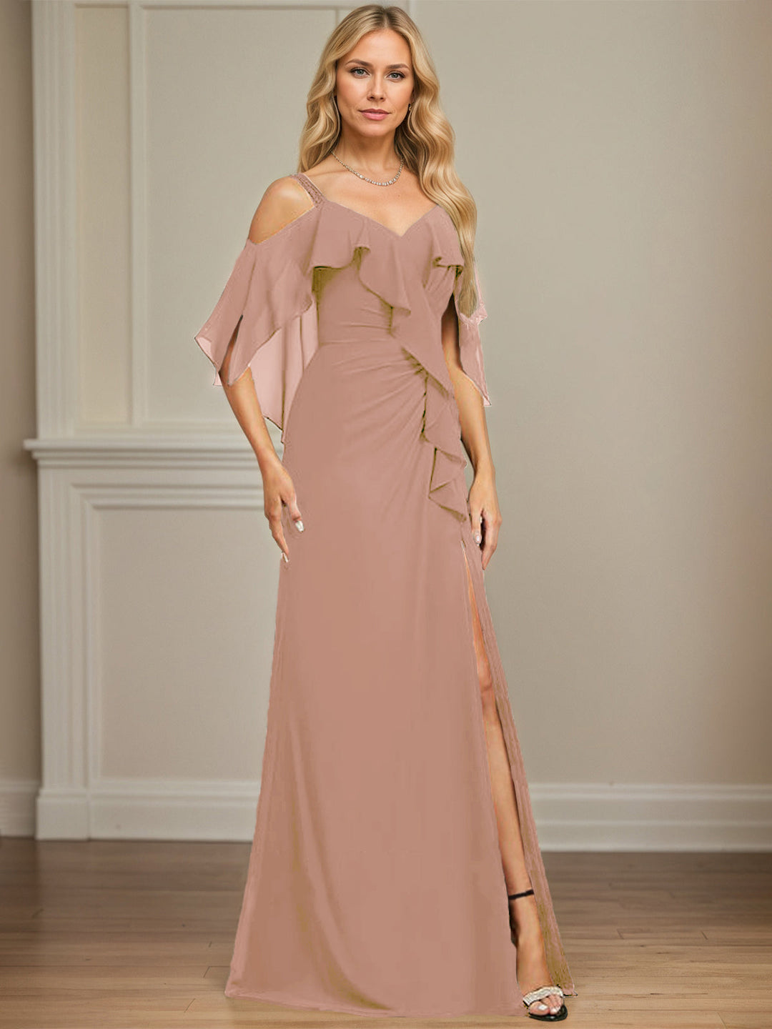 Sheath/Column Cold Shoulder V-Neck Floor-Length Chiffon Dress with Cascading Ruffles, Sequins, and Beading