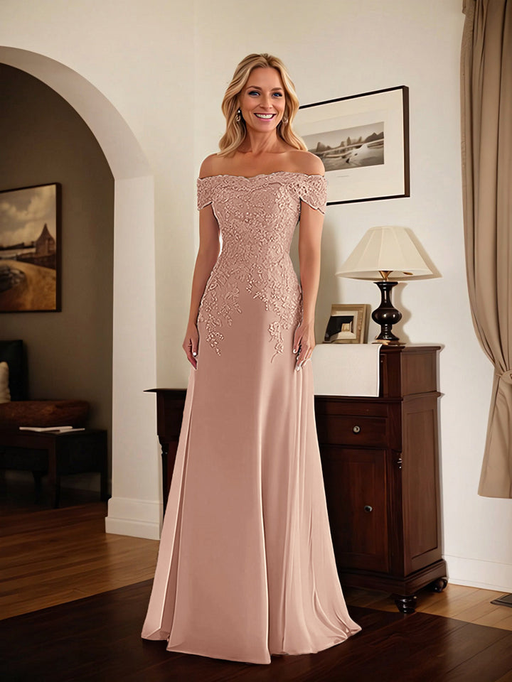 Elegant Taupe Off-the-Shoulder Lace Sheath Dress for Mother of the Bride