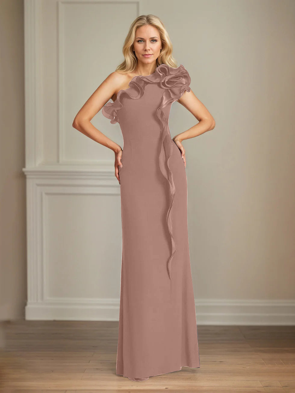 Navy Stretch Crepe One-Shoulder Sheath Dress with Ruffles – Floor-Length Mother of the Bride Gown