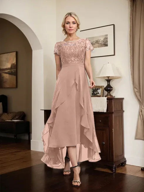 A-Line Scoop Neck Illusion Asymmetrical Chiffon Lace Mother of the Bride Dress with Bow, Ruffle, and Sequins