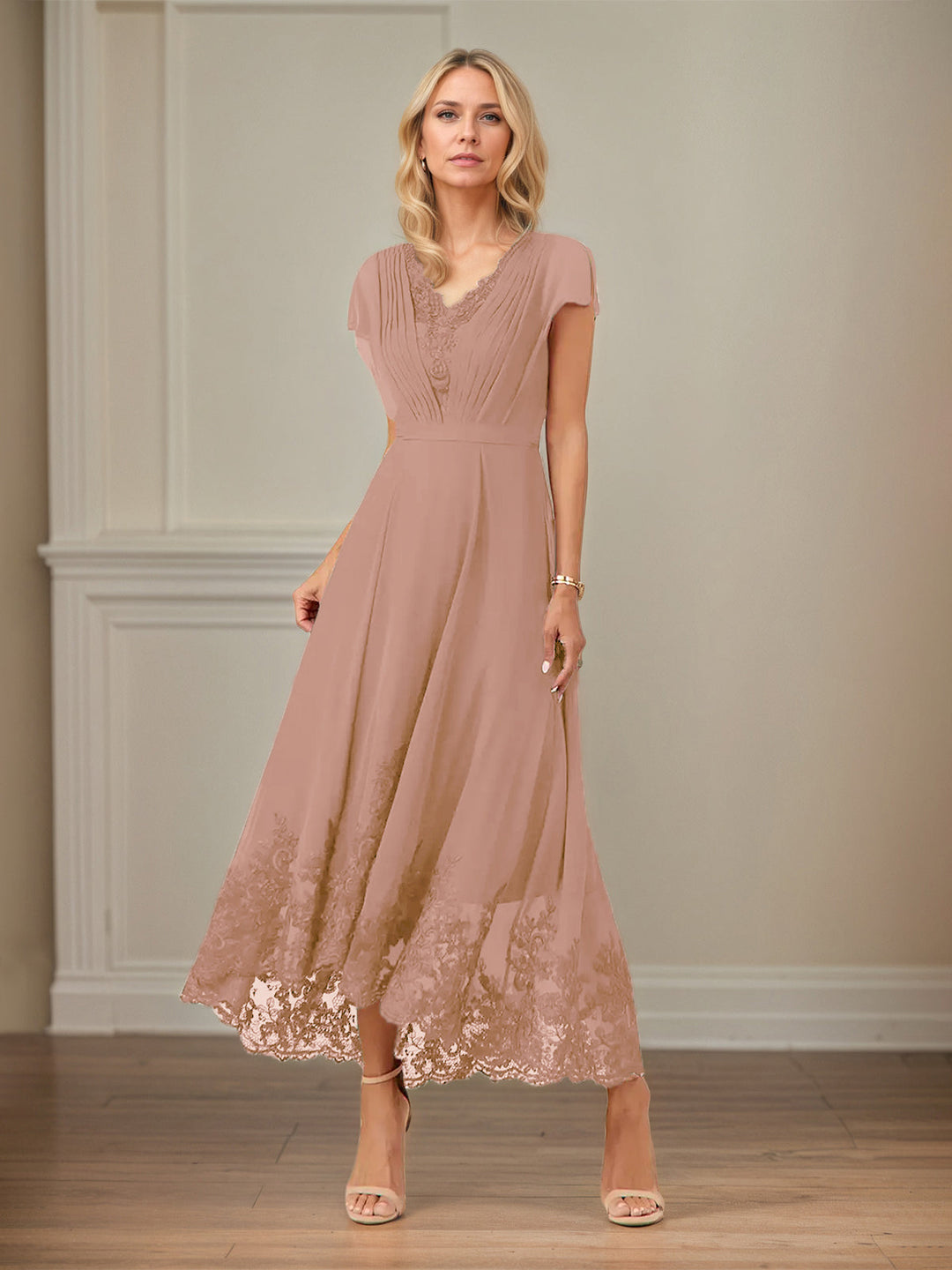 A-Line V-Neck Flutter Sleeve Chiffon Dress with Appliques and Ankle Length
