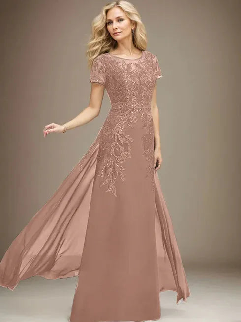 Floor-Length Lace Chiffon Mother of the Bride Dress with Sheath/Column Scoop Illusion and Sequins