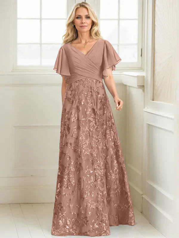 A-Line V-Neck Floor-Length Lace and Sequin Chiffon Mother of the Bride Dress with Pleats
