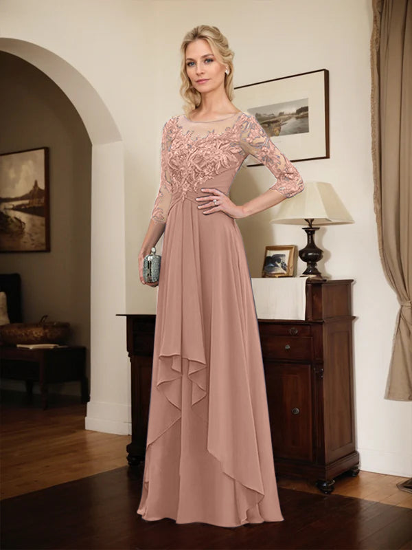 A-Line Scoop Neck Illusion Floor-Length Lace Chiffon Mother of the Bride Dress with Cascading Ruffles