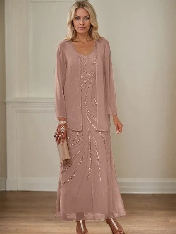 V-Neck Sheath/Mother of the Bride Ankle-Length Dress with Jacket & Sequins