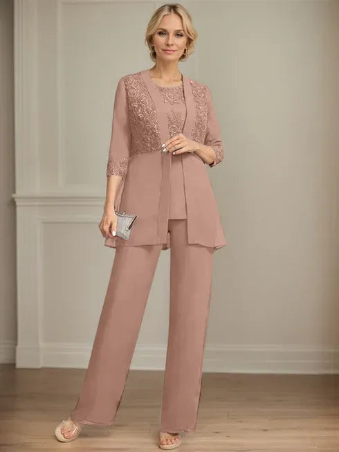 Floor-Length Chiffon Lace Jumpsuit and Pantsuit Separates with Sequins – Perfect Mother of the Bride Dress