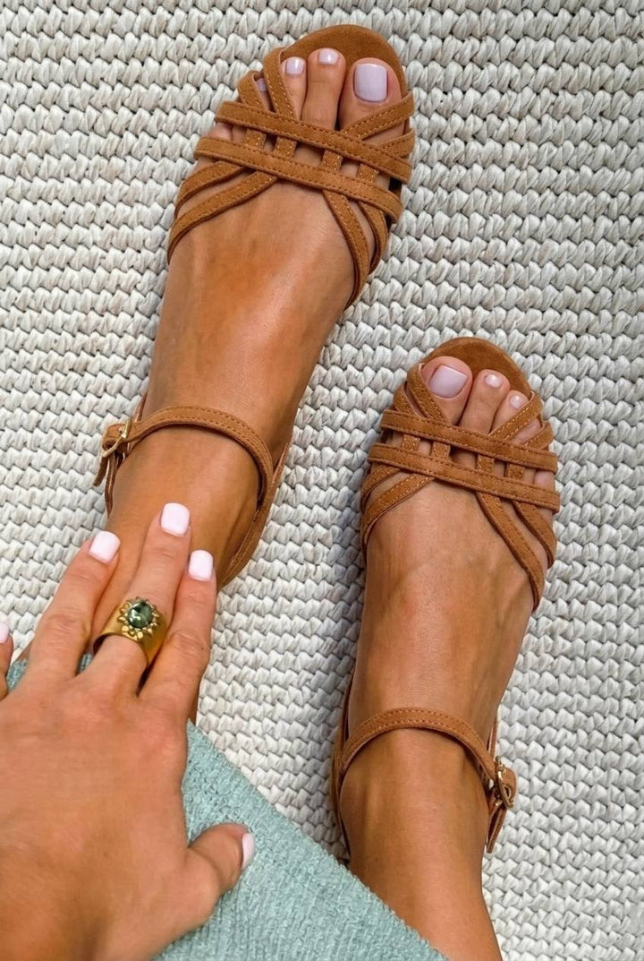 Cecilia – Suede Flat Ankle Buckle Multi-Strap Sandals