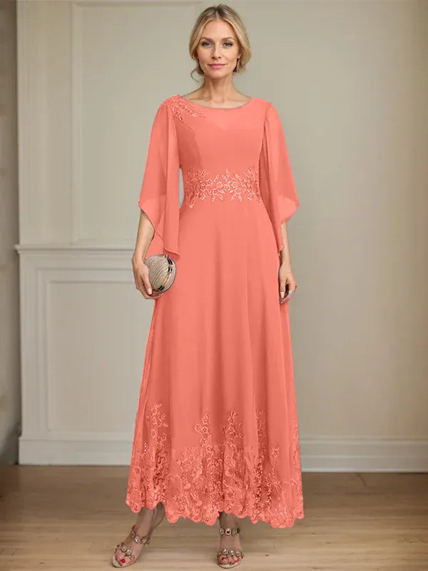 A-Line Scoop Neck Illusion Lace Chiffon Mother of the Bride Dress with Sequins and Ankle-Length Hem
