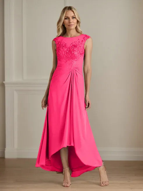 Champagne A-Line Lace and Chiffon Scoop Neck Dress