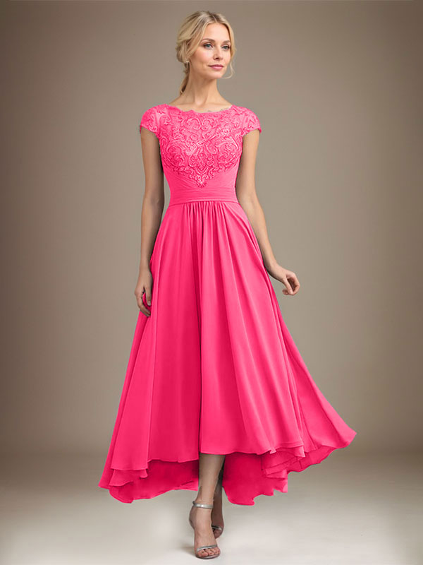 A-Line Scoop Neck Illusion Asymmetrical Lace Chiffon Mother of the Bride Dress with Pleats