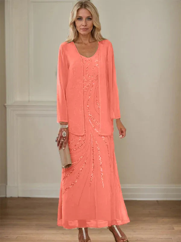 V-Neck Sheath/Mother of the Bride Ankle-Length Dress with Jacket & Sequins