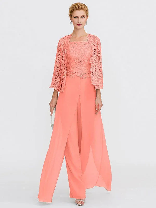 3-Piece Chiffon Square Neck Mother of the Bride Pantsuit Set with Jacket