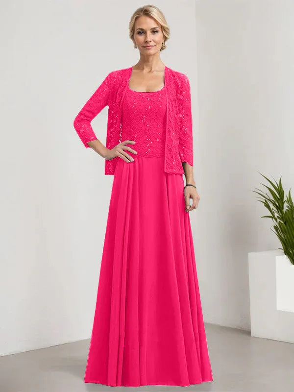 A-Line Square Neck Floor-Length Lace and Chiffon Mother of the Bride Dress with Sequins