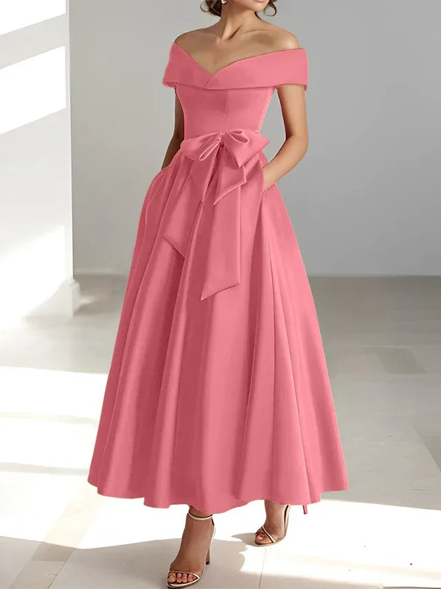 A-Line Off-the-Shoulder Sleeveless Ankle-Length Mother of the Bride Dress with Pockets