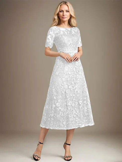 A-Line Scoop Neck Illusion Tea-Length Lace Mother of the Bride Dress with Sequins