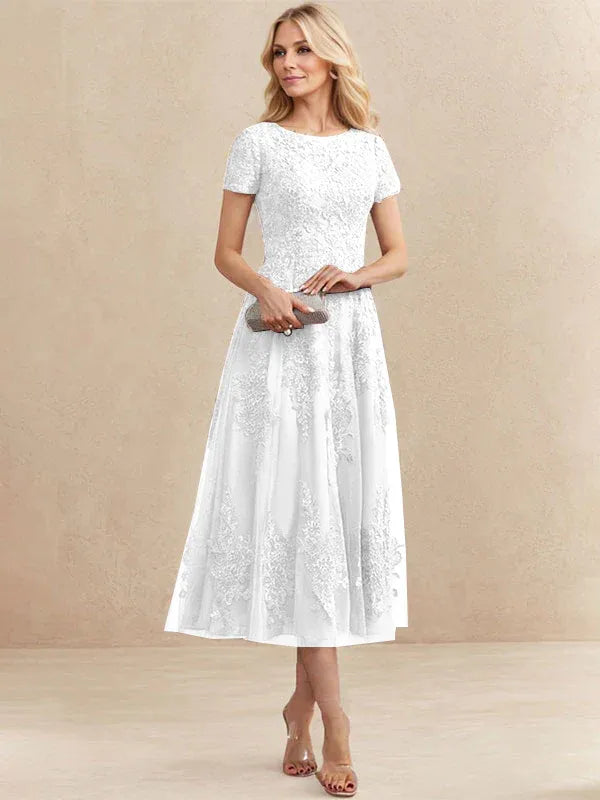 A-Line Scoop Neck Tea-Length Tulle Lace Mother of the Bride Dress